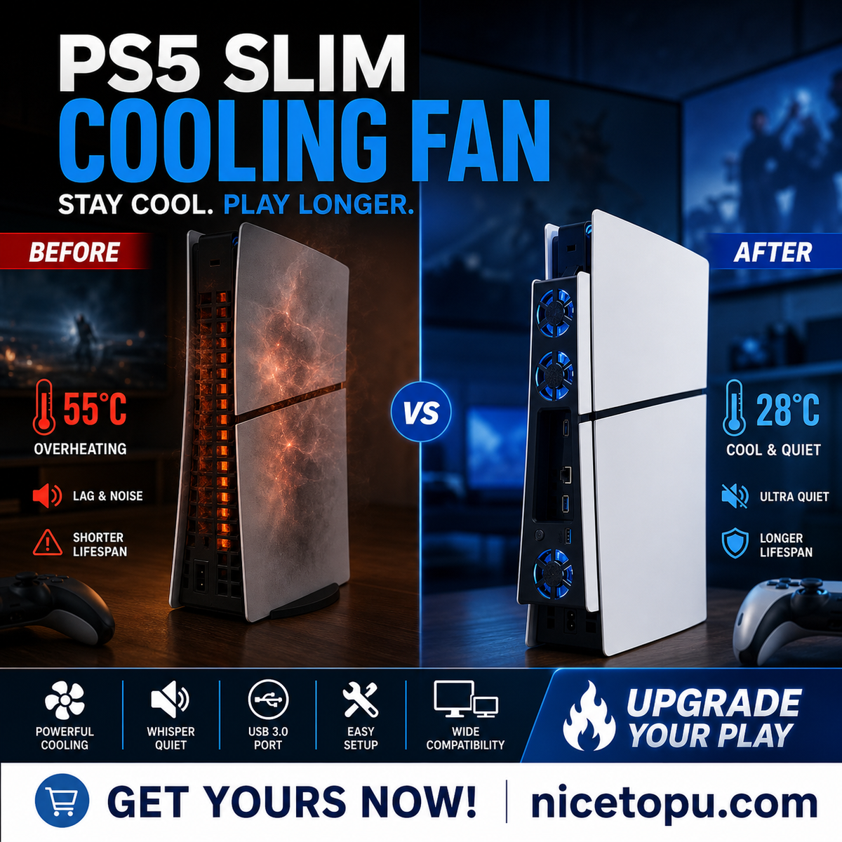 🔥Limited time 50% off！🌬️Must-have for summer gamers！❄️External Cooling Fan for PS5 Slim