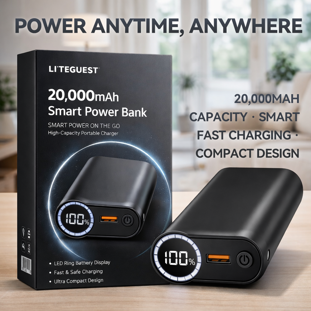 🔋 20,000mAh Smart Power Bank – LED Battery Ring, Fast Charging Portable Charger for Mobile Devices