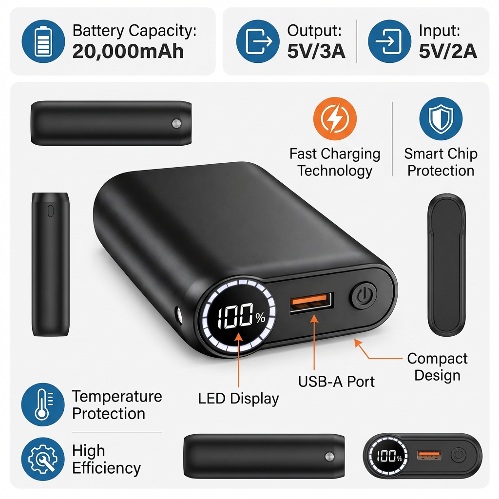 🔋 20,000mAh Smart Power Bank – LED Battery Ring, Fast Charging Portable Charger for Mobile Devices